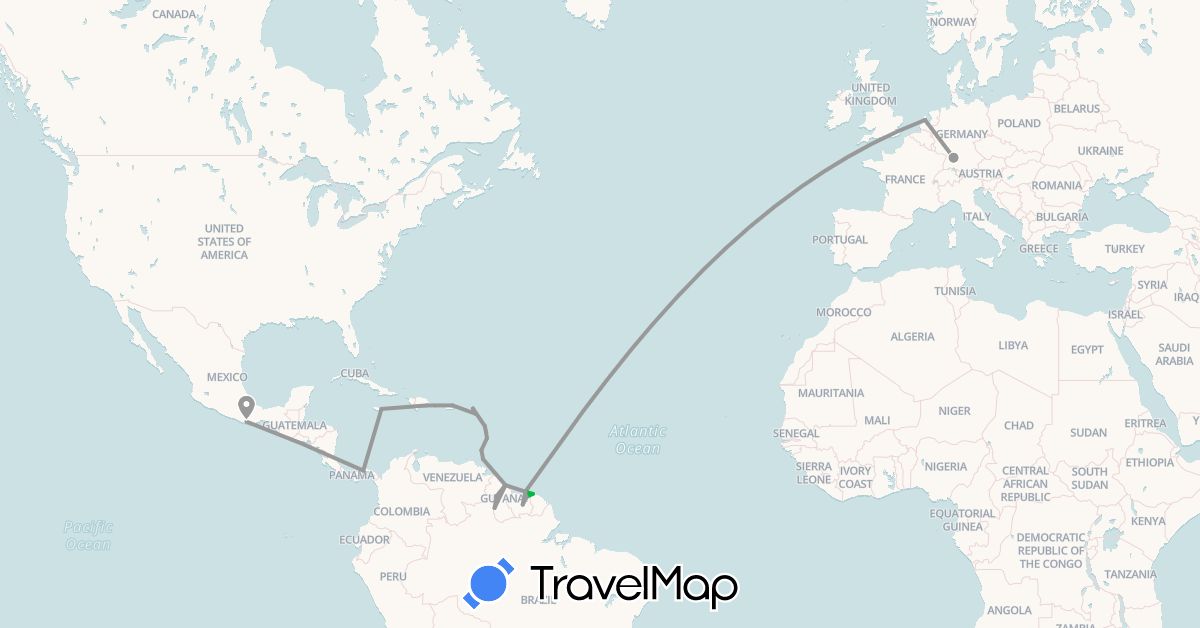TravelMap itinerary: driving, bus, plane in Germany, Dominica, Dominican Republic, France, Grenada, Guyana, Jamaica, Saint Kitts and Nevis, Saint Lucia, Mexico, Netherlands, Panama, Suriname, Trinidad and Tobago, United States (Europe, North America, South America)